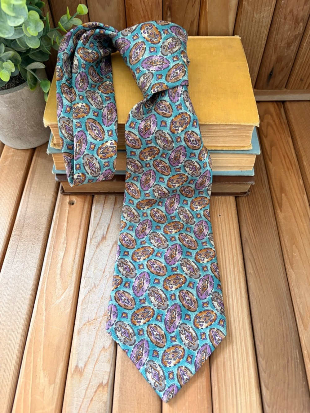 Givenchy Vintage Silk, Tie Teal Purple Geometric, Designer Menswear